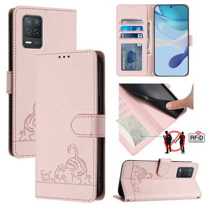 Realme V13 5G Cat and Rat Embossed Pattern, RFID Leather Phone Case with Lanyard, Kickstand, and Wallet Features
