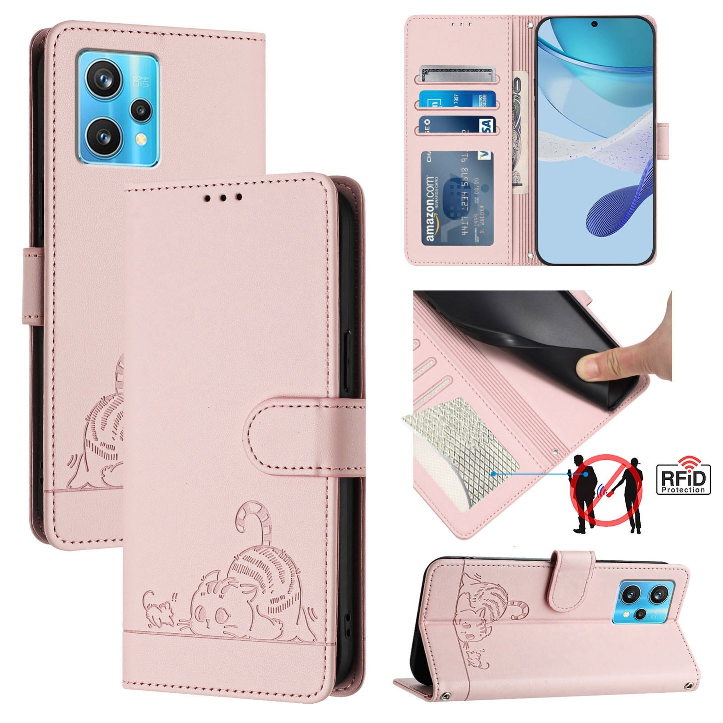 Realme 9 4G Global Cat and Rat Embossed Pattern, RFID Leather Phone Case with Lanyard, Kickstand, and Wallet Features
