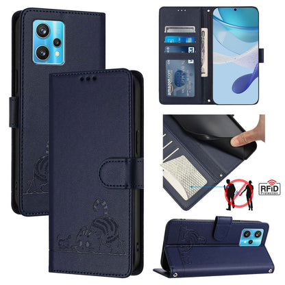Realme 9 4G Global Cat and Rat Embossed Pattern, RFID Leather Phone Case with Lanyard, Kickstand, and Wallet Features