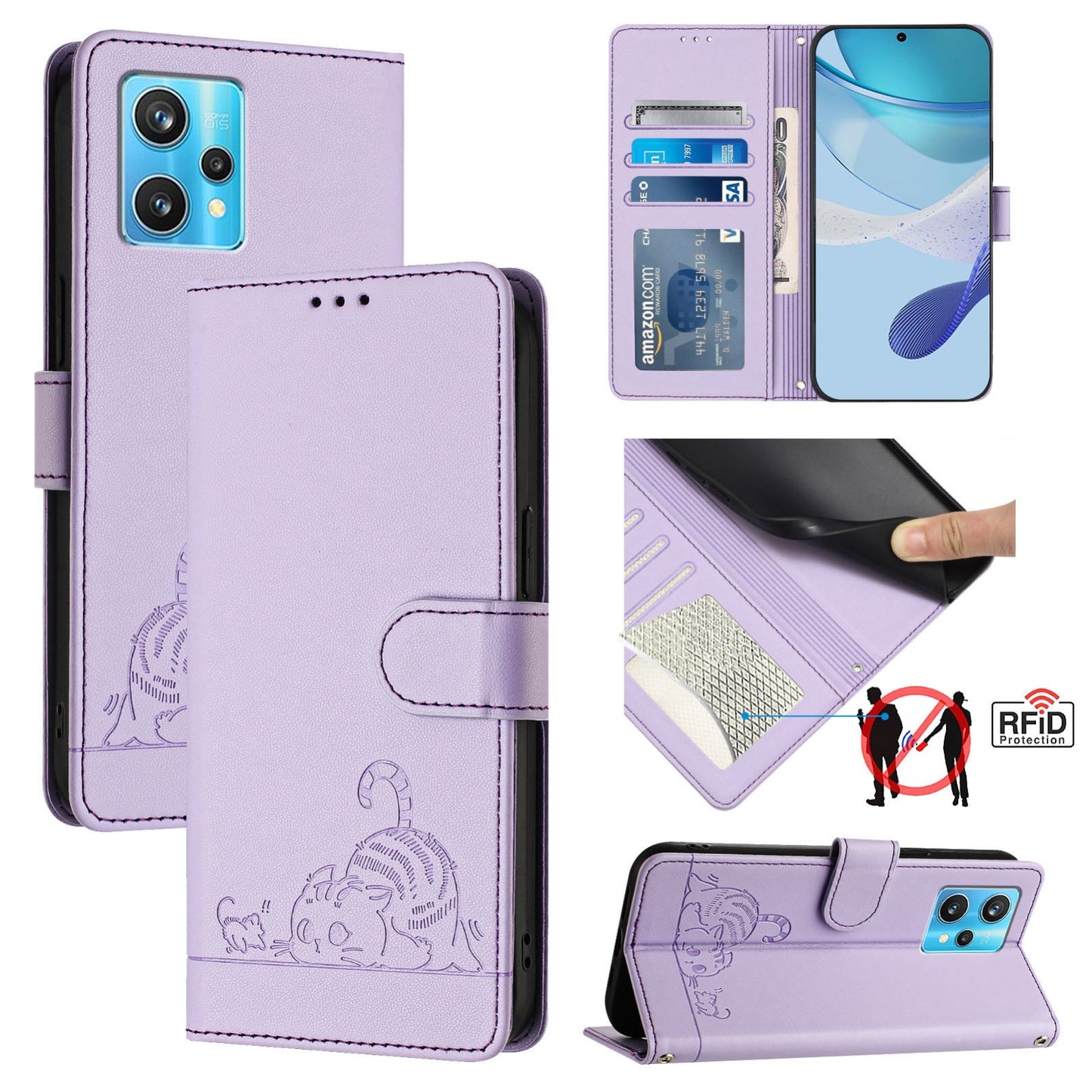 Realme 9 4G Global Cat and Rat Embossed Pattern, RFID Leather Phone Case with Lanyard, Kickstand, and Wallet Features