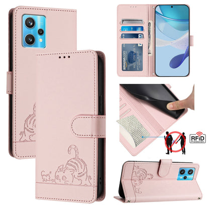 Realme Narzo 50 Pro 5G Cat and Rat Embossed Pattern, RFID Leather Phone Case with Lanyard, Kickstand, and Wallet Features