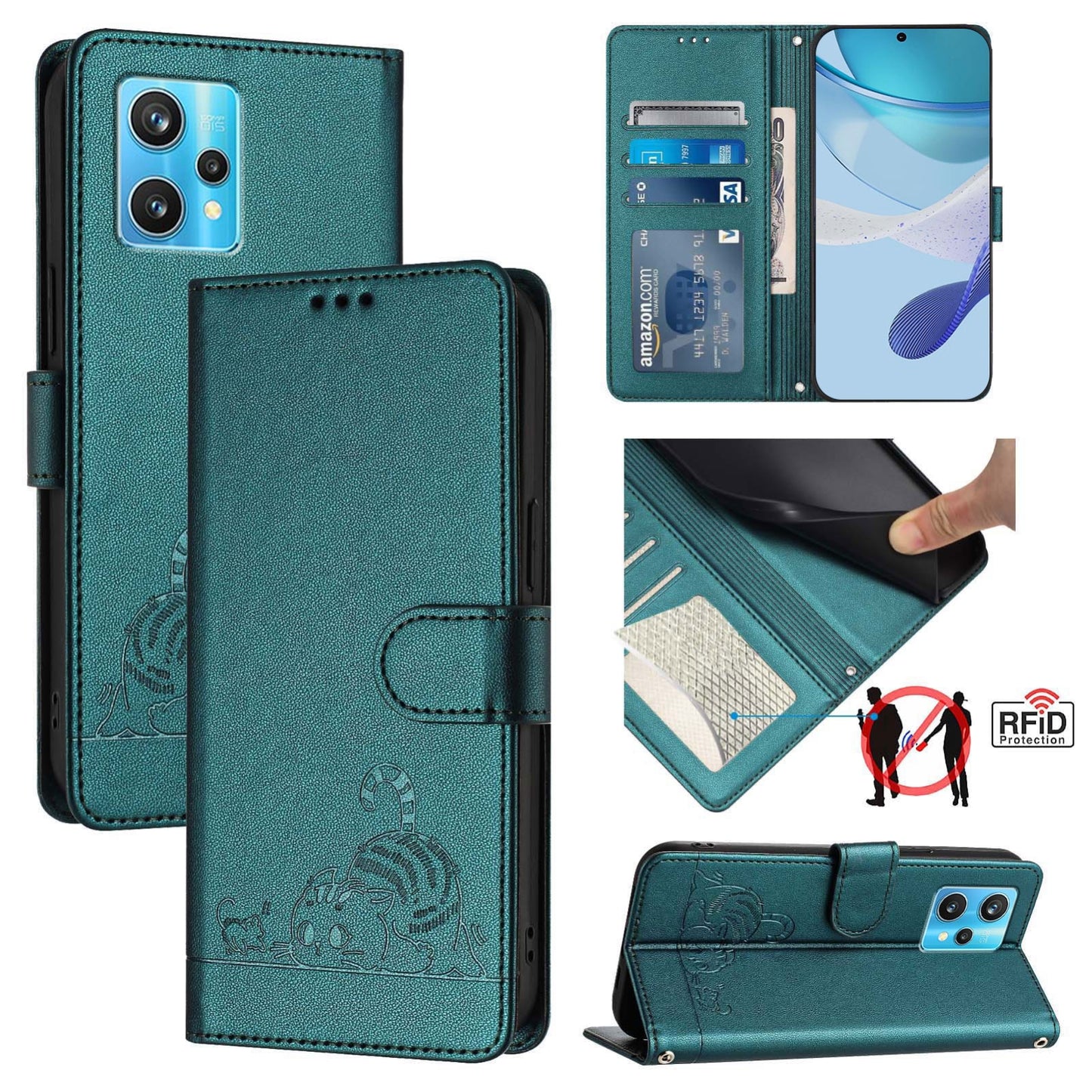 Realme Narzo 50 Pro 5G Cat and Rat Embossed Pattern, RFID Leather Phone Case with Lanyard, Kickstand, and Wallet Features