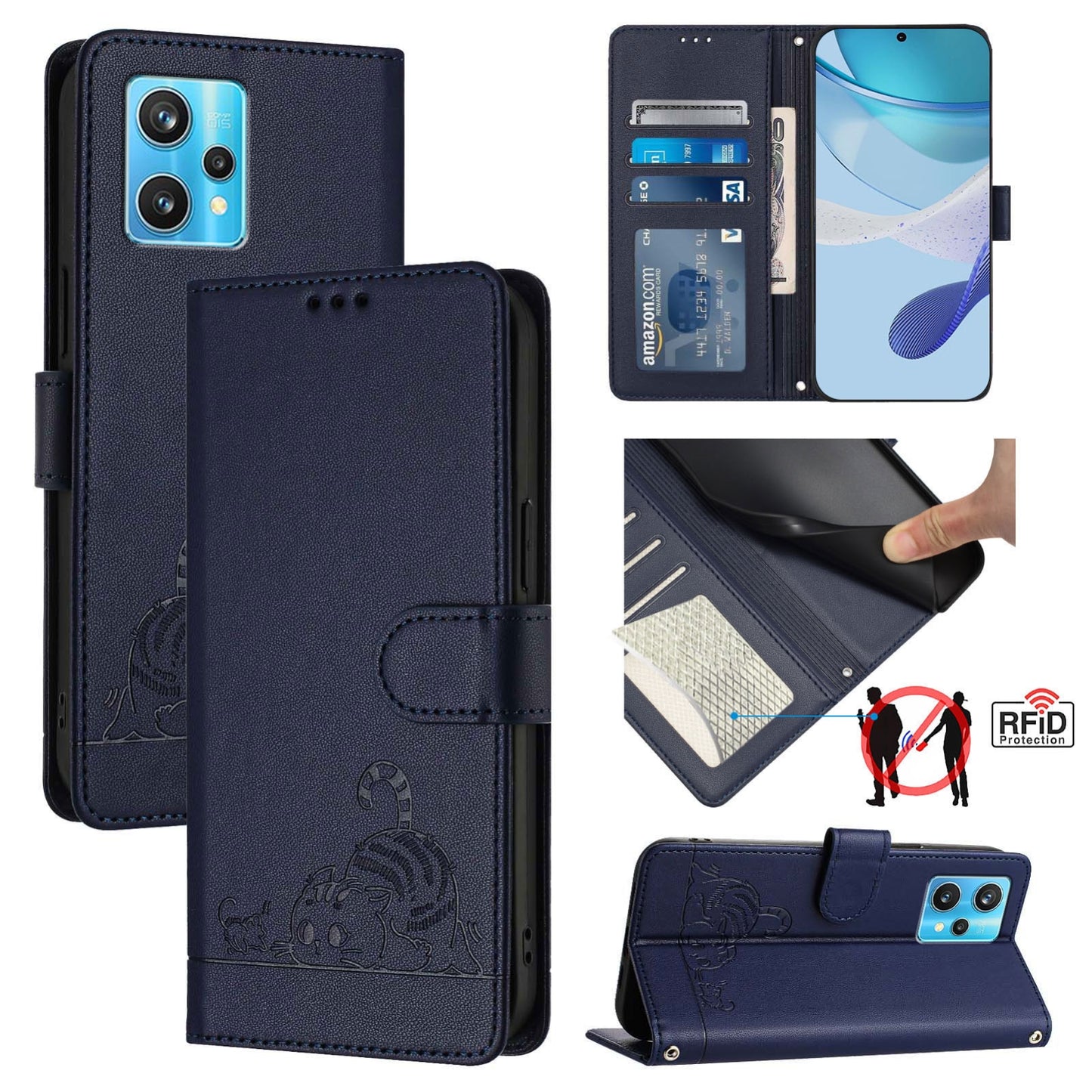 Realme Narzo 50 Pro 5G Cat and Rat Embossed Pattern, RFID Leather Phone Case with Lanyard, Kickstand, and Wallet Features