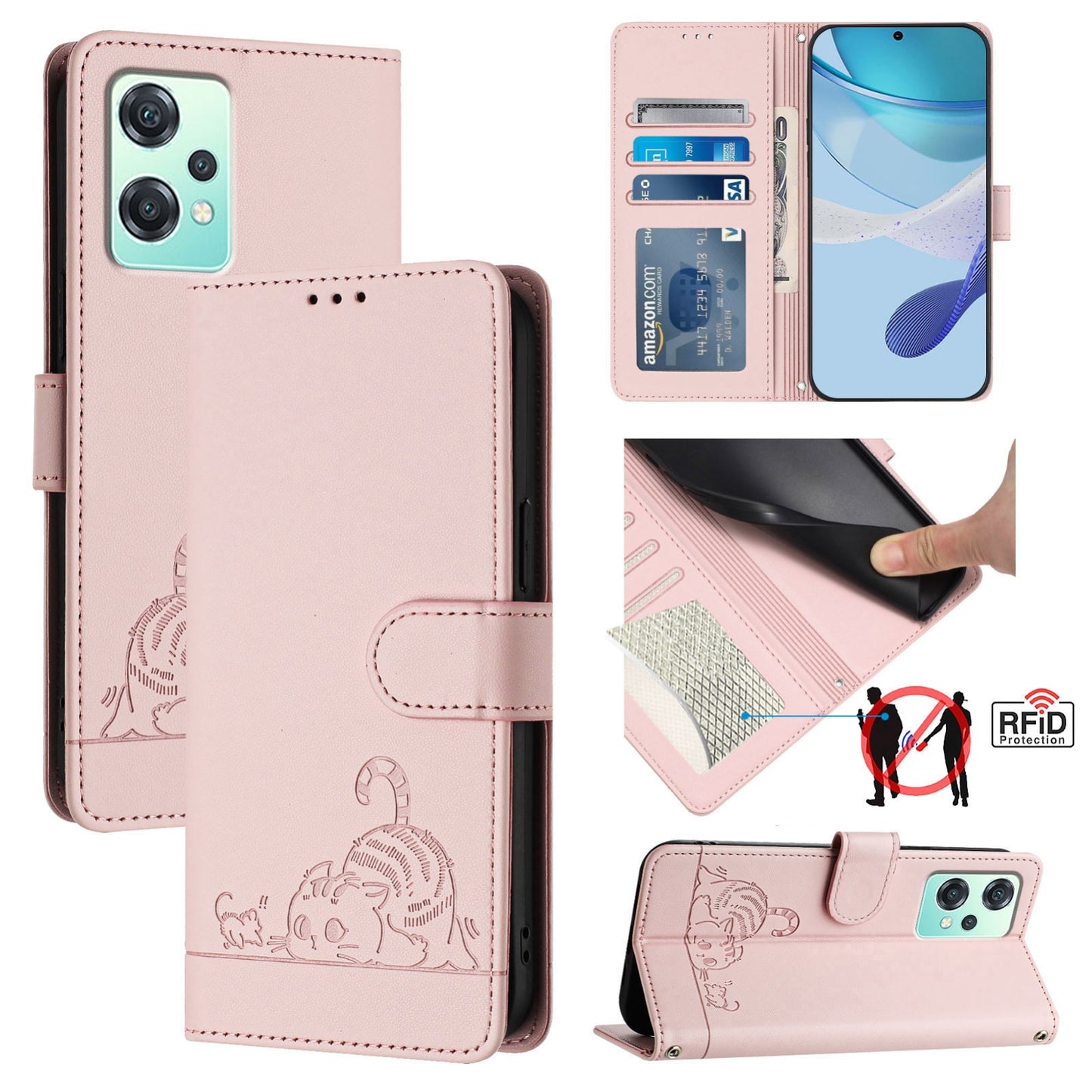 Realme 9 Pro 5G Global Cat and Rat Embossed Pattern, RFID Leather Phone Case with Lanyard, Kickstand, and Wallet Features