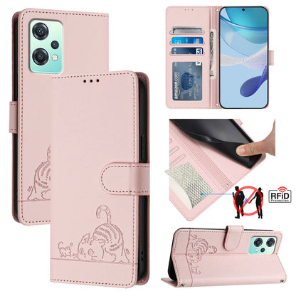 Realme 9 Pro 5G Global Cat and Rat Embossed Pattern, RFID Leather Phone Case with Lanyard, Kickstand, and Wallet Features