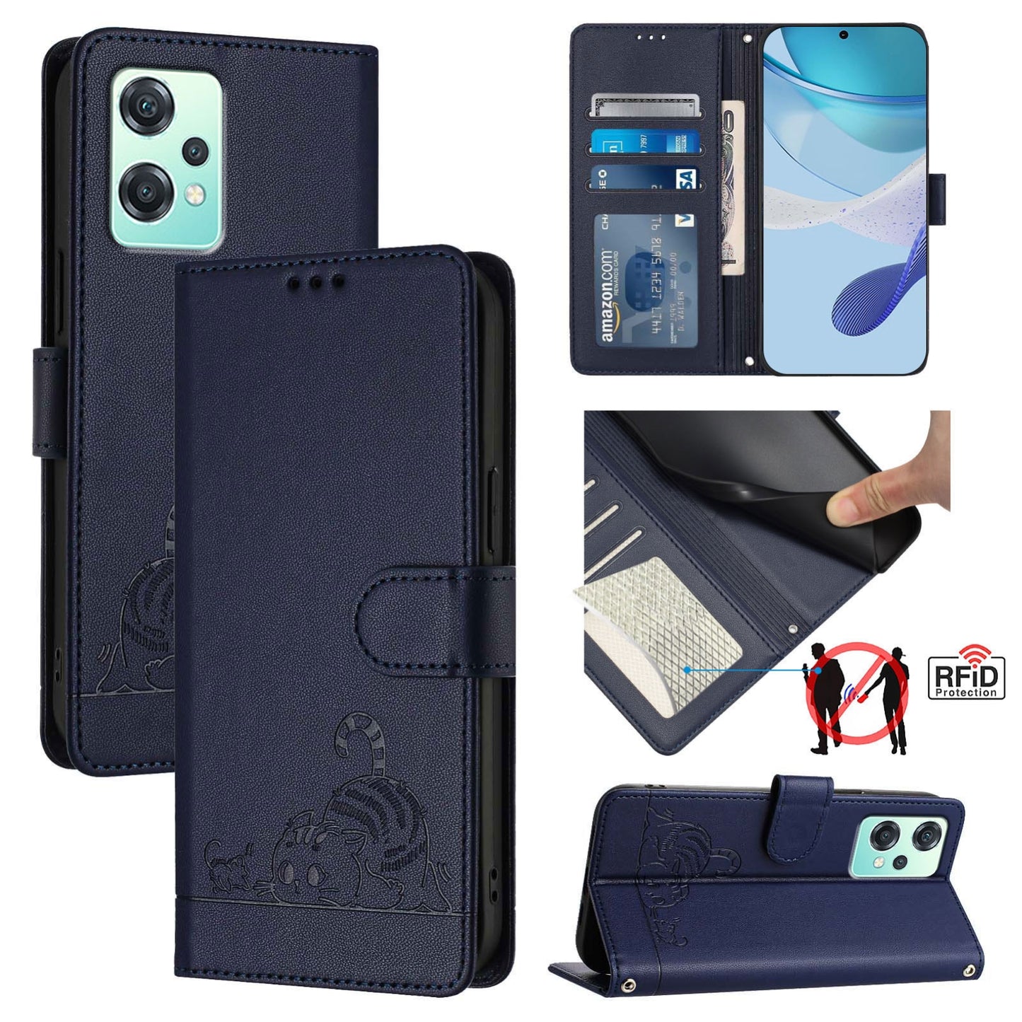 Realme 9 Pro 5G Global Cat and Rat Embossed Pattern, RFID Leather Phone Case with Lanyard, Kickstand, and Wallet Features