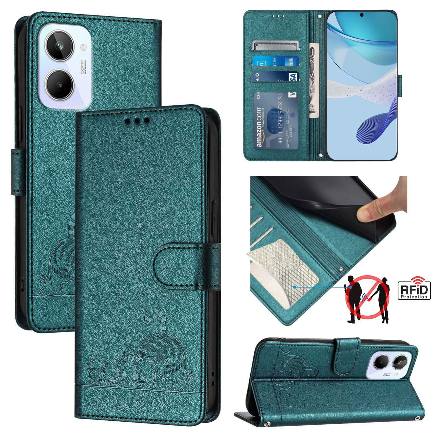 Realme 10 4G Global Cat and Rat Embossed Pattern, RFID Leather Phone Case with Lanyard, Kickstand, and Wallet Features