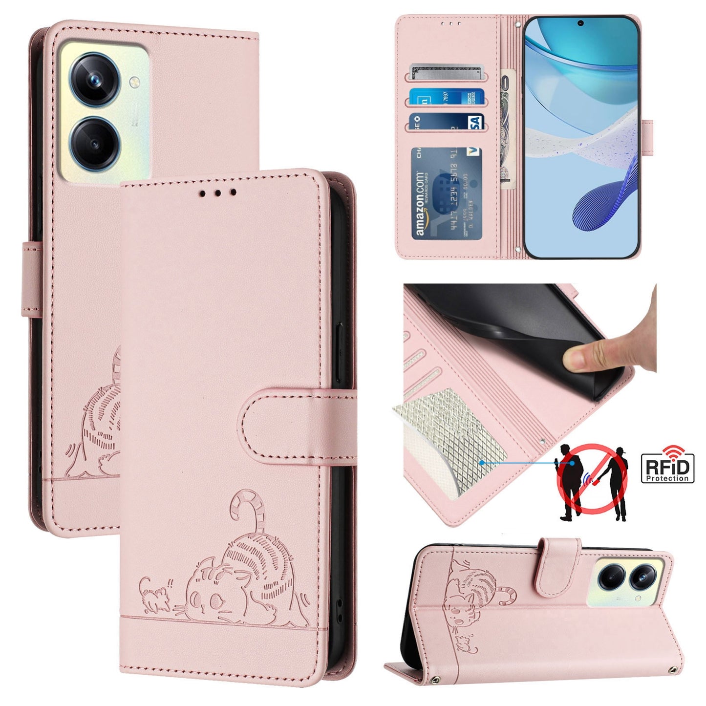 Realme 10 Pro 5G Cat and Rat Embossed Pattern, RFID Leather Phone Case with Lanyard, Kickstand, and Wallet Features