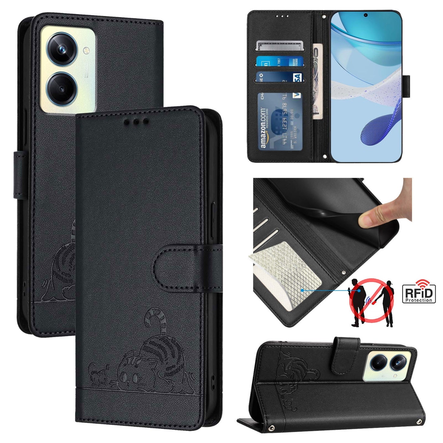 Realme 10 Pro 5G Cat and Rat Embossed Pattern, RFID Leather Phone Case with Lanyard, Kickstand, and Wallet Features