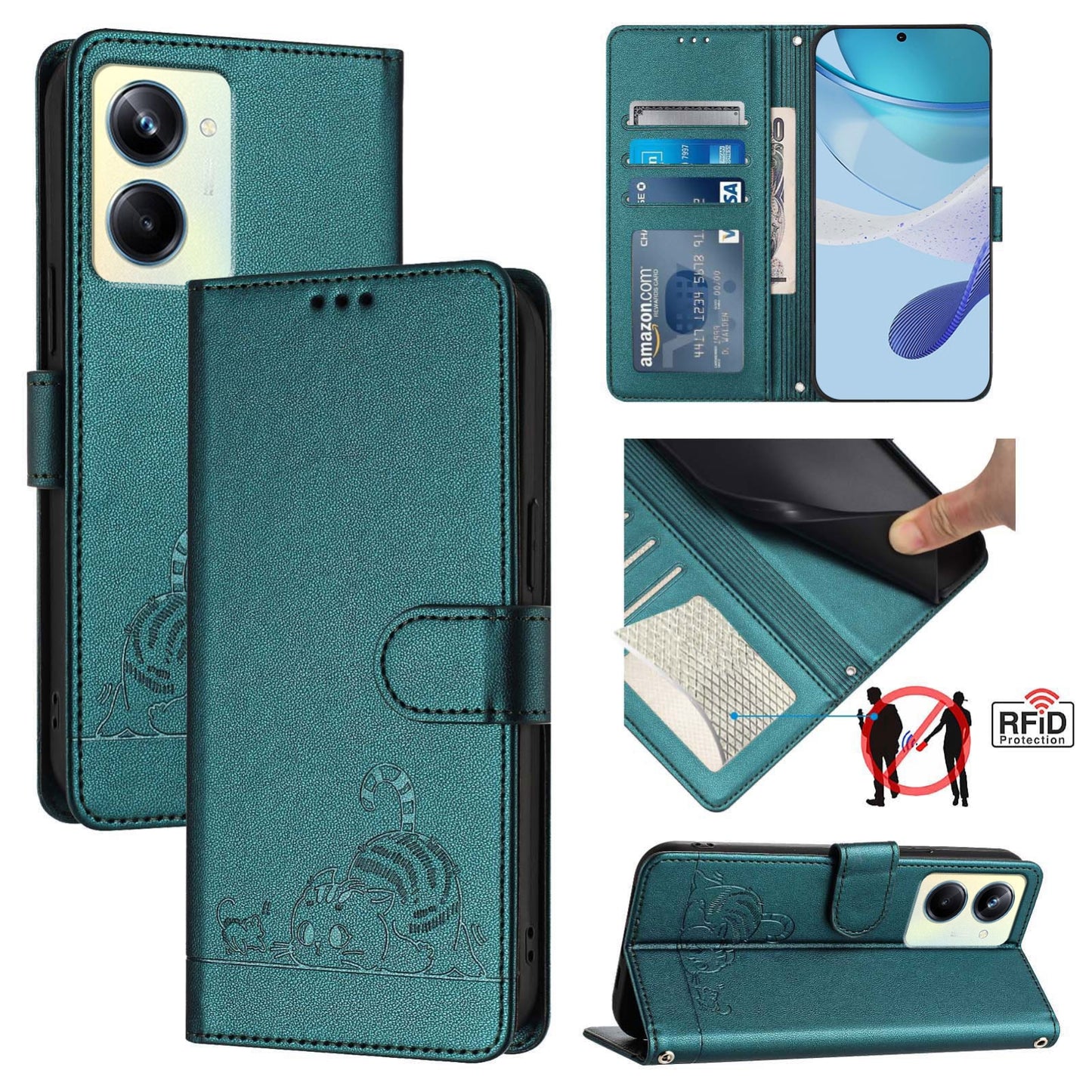 Realme 10 Pro 5G Cat and Rat Embossed Pattern, RFID Leather Phone Case with Lanyard, Kickstand, and Wallet Features