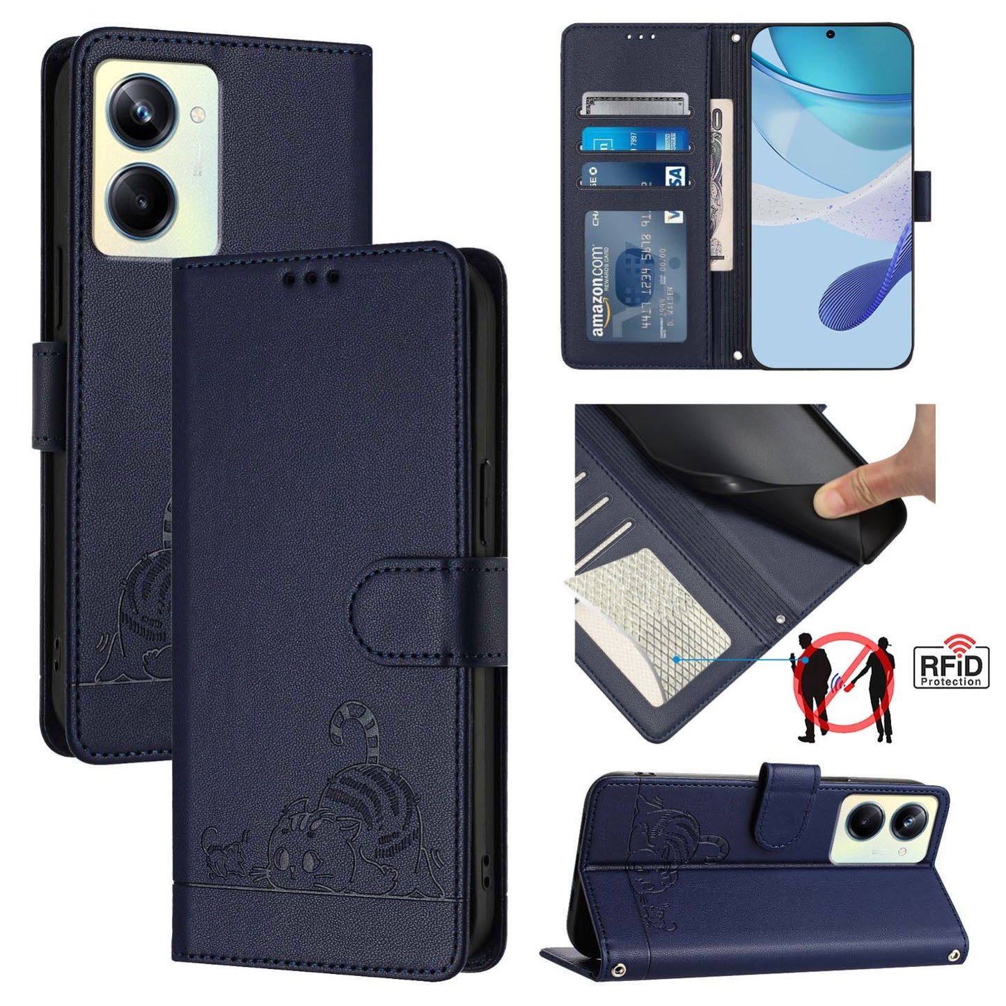Realme 10 Pro 5G Cat and Rat Embossed Pattern, RFID Leather Phone Case with Lanyard, Kickstand, and Wallet Features