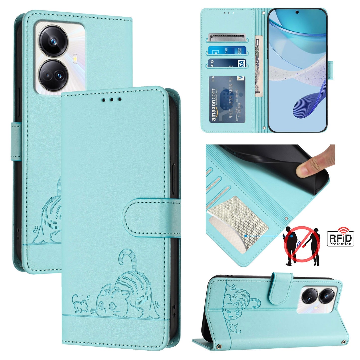 Realme 10 Pro+ 5G Cat and Rat Embossed Pattern, RFID Leather Phone Case with Lanyard, Kickstand, and Wallet Features