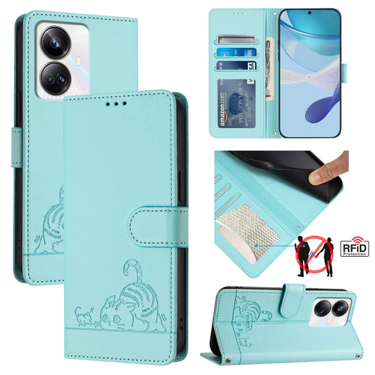 Realme 10 Pro+ 5G Cat and Rat Embossed Pattern, RFID Leather Phone Case with Lanyard, Kickstand, and Wallet Features