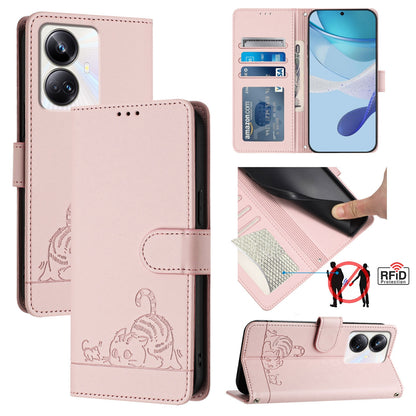 Realme 10 Pro+ 5G Cat and Rat Embossed Pattern, RFID Leather Phone Case with Lanyard, Kickstand, and Wallet Features