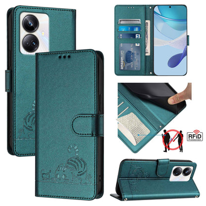 Realme 10 Pro+ 5G Cat and Rat Embossed Pattern, RFID Leather Phone Case with Lanyard, Kickstand, and Wallet Features