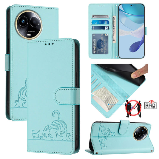 Realme 11X 5G Cat and Rat Embossed Pattern, RFID Leather Phone Case with Lanyard, Kickstand, and Wallet Features