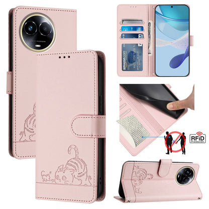 Realme Narzo 60x 5G Global Cat and Rat Embossed Pattern, RFID Leather Phone Case with Lanyard, Kickstand, and Wallet Features