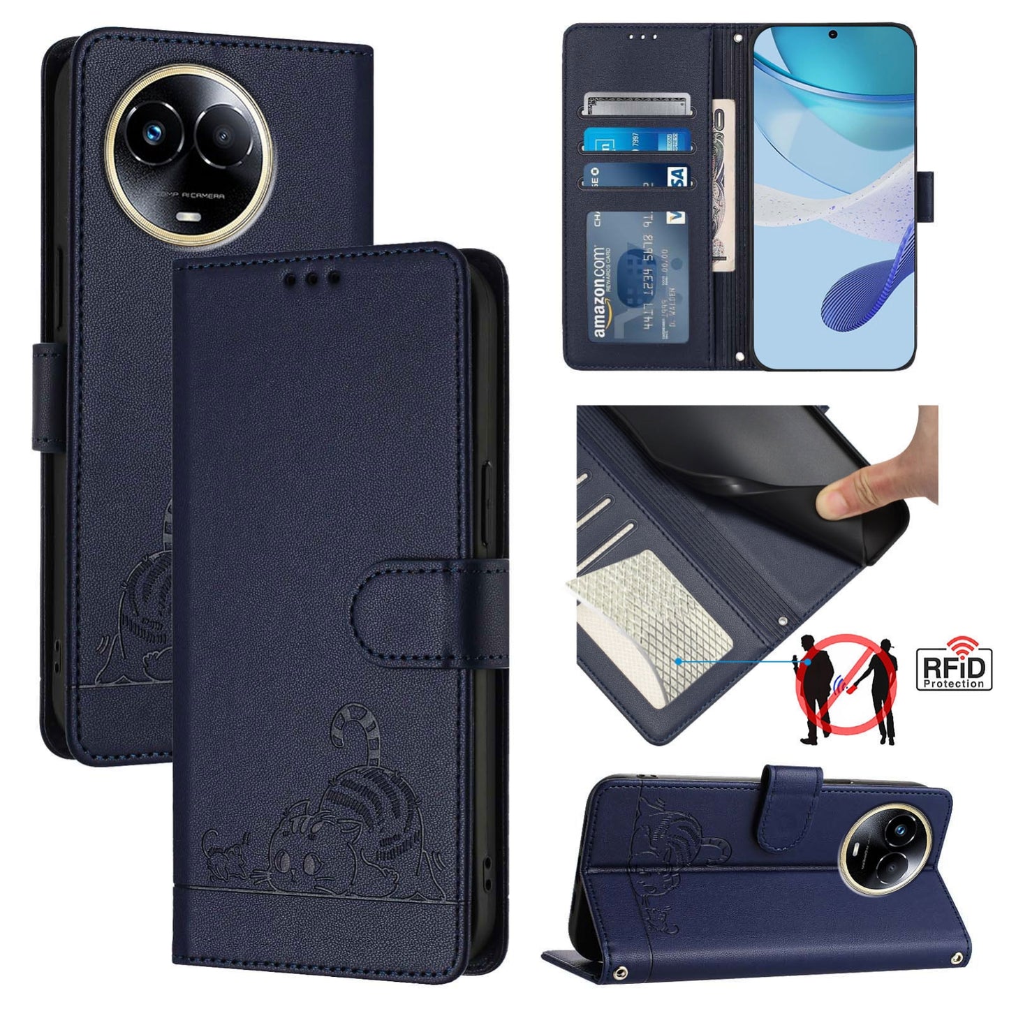Realme Narzo 60x 5G Global Cat and Rat Embossed Pattern, RFID Leather Phone Case with Lanyard, Kickstand, and Wallet Features