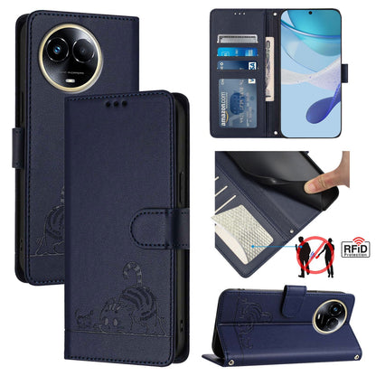 Realme Narzo 60x 5G Global Cat and Rat Embossed Pattern, RFID Leather Phone Case with Lanyard, Kickstand, and Wallet Features