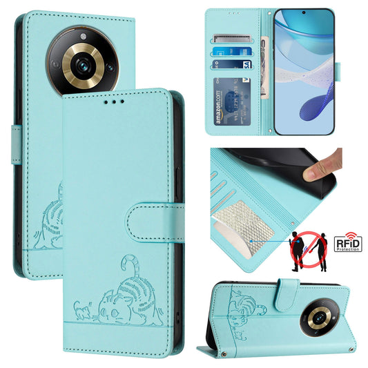 Realme Narzo 60 Pro Global Cat and Rat Embossed Pattern, RFID Leather Phone Case with Lanyard, Kickstand, and Wallet Features