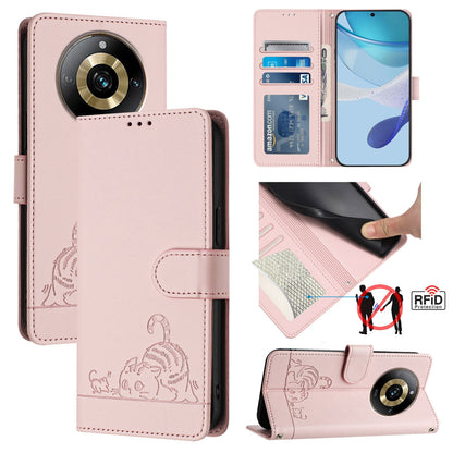 Realme Narzo 60 Pro Global Cat and Rat Embossed Pattern, RFID Leather Phone Case with Lanyard, Kickstand, and Wallet Features