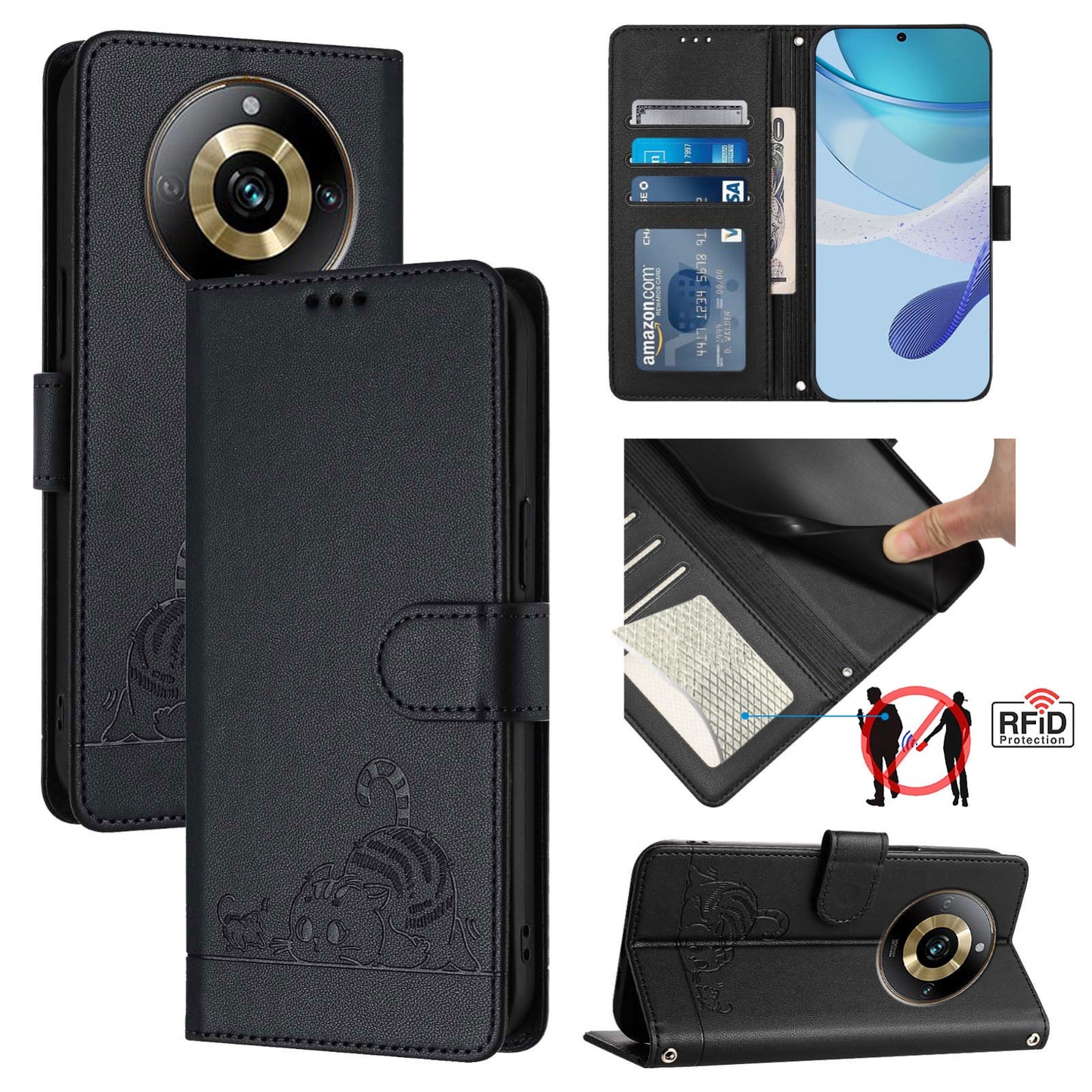 Realme Narzo 60 Pro Global Cat and Rat Embossed Pattern, RFID Leather Phone Case with Lanyard, Kickstand, and Wallet Features