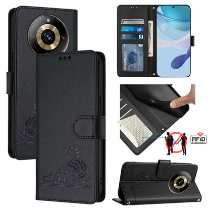 Realme Narzo 60 Pro Global Cat and Rat Embossed Pattern, RFID Leather Phone Case with Lanyard, Kickstand, and Wallet Features