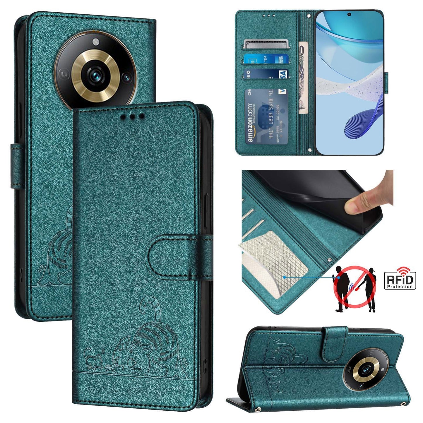 Realme Narzo 60 Pro Global Cat and Rat Embossed Pattern, RFID Leather Phone Case with Lanyard, Kickstand, and Wallet Features