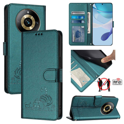 Realme Narzo 60 Pro Global Cat and Rat Embossed Pattern, RFID Leather Phone Case with Lanyard, Kickstand, and Wallet Features