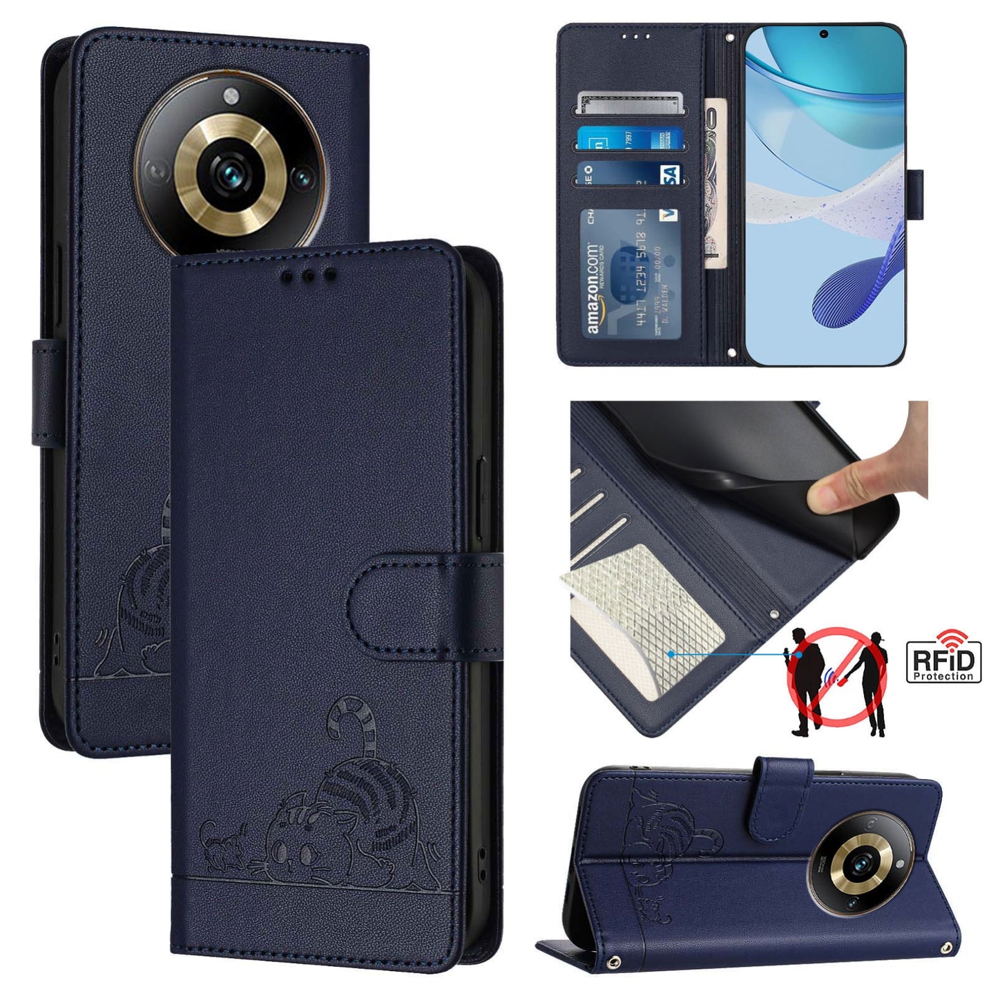 Realme Narzo 60 Pro Global Cat and Rat Embossed Pattern, RFID Leather Phone Case with Lanyard, Kickstand, and Wallet Features