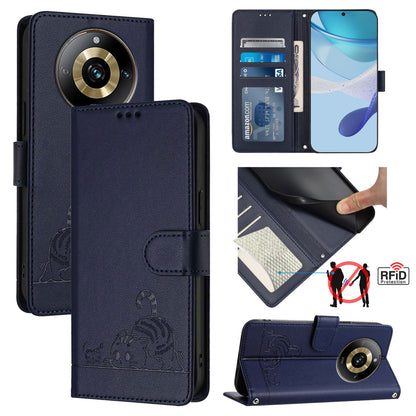 Realme Narzo 60 Pro Global Cat and Rat Embossed Pattern, RFID Leather Phone Case with Lanyard, Kickstand, and Wallet Features