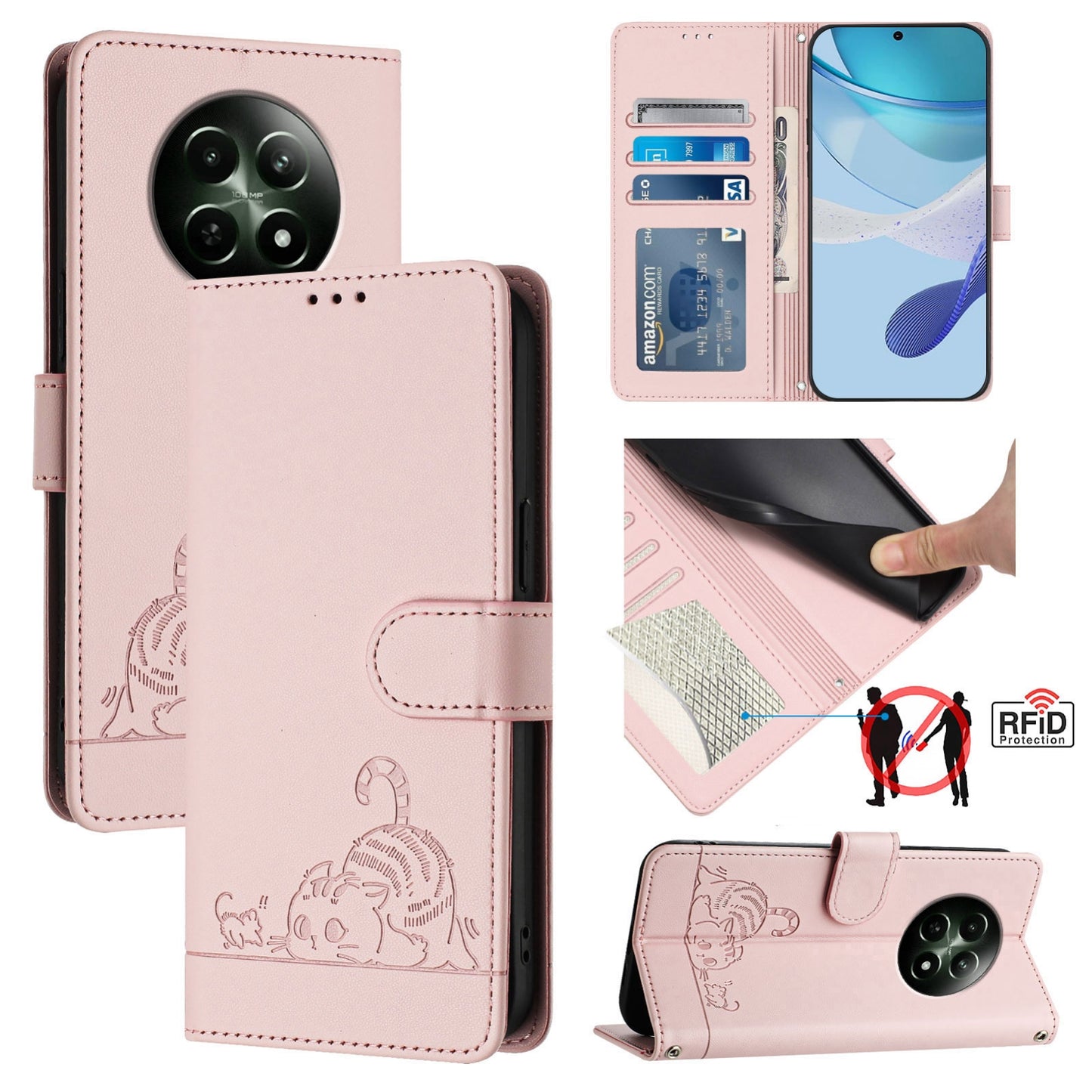 Realme 12 5G Global Cat and Rat Embossed Pattern, RFID Leather Phone Case with Lanyard, Kickstand, and Wallet Features