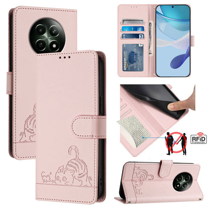 Realme 12 5G Global Cat and Rat Embossed Pattern, RFID Leather Phone Case with Lanyard, Kickstand, and Wallet Features