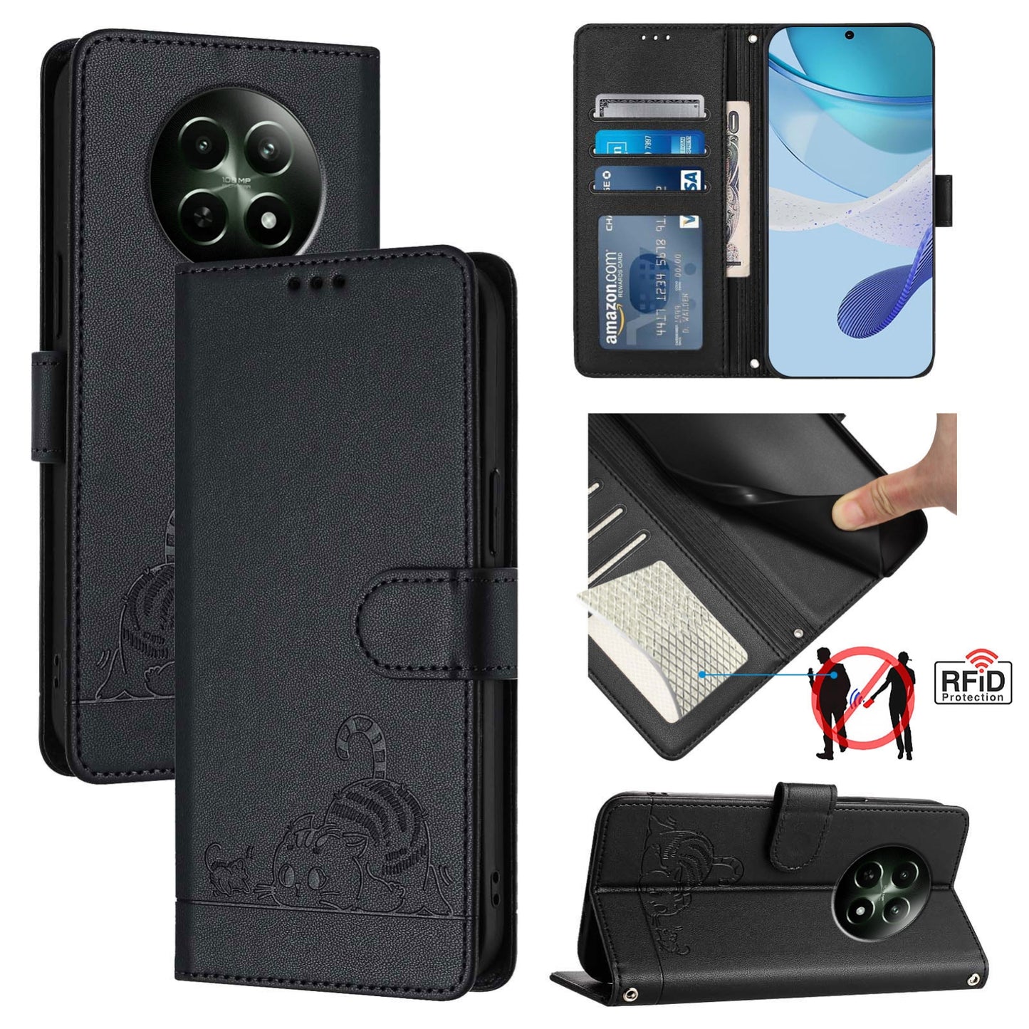 Realme 12 5G Global Cat and Rat Embossed Pattern, RFID Leather Phone Case with Lanyard, Kickstand, and Wallet Features