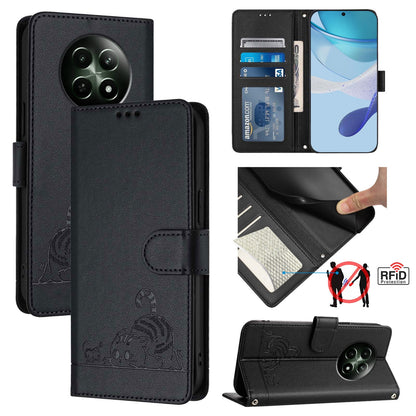 Realme 12 5G Global Cat and Rat Embossed Pattern, RFID Leather Phone Case with Lanyard, Kickstand, and Wallet Features