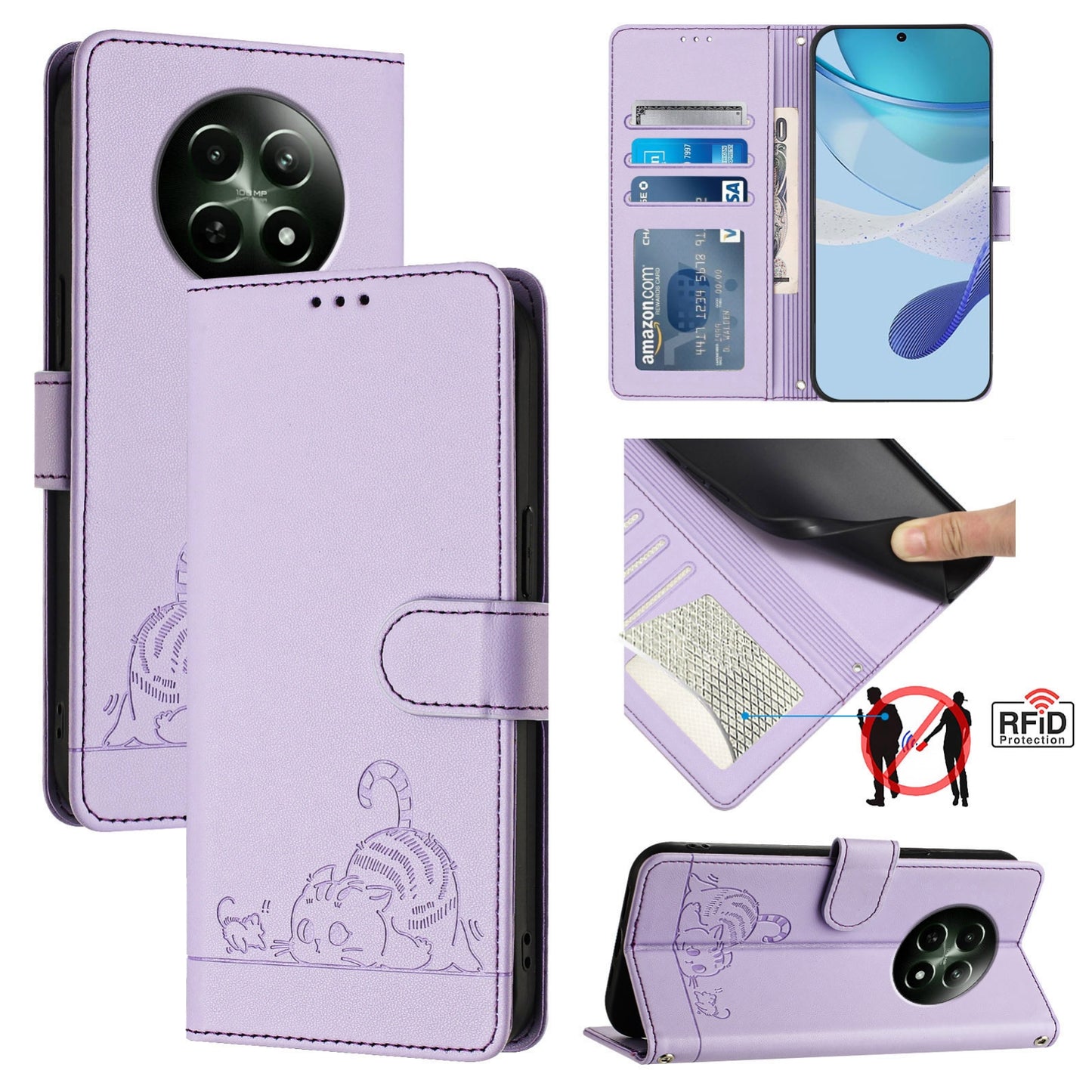 Realme 12 5G Global Cat and Rat Embossed Pattern, RFID Leather Phone Case with Lanyard, Kickstand, and Wallet Features