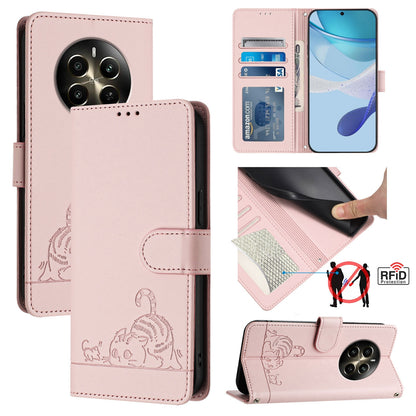Realme 12+ 5G Global Cat and Rat Embossed Pattern, RFID Leather Phone Case with Lanyard, Kickstand, and Wallet Features