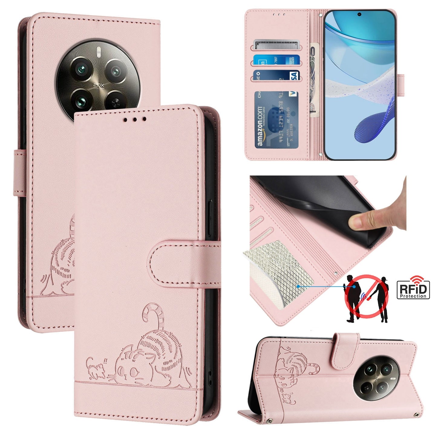Realme 12 Pro+ 5G Global Cat and Rat Embossed Pattern, RFID Leather Phone Case with Lanyard, Kickstand, and Wallet Features