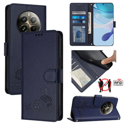 Realme 12 Pro+ 5G Global Cat and Rat Embossed Pattern, RFID Leather Phone Case with Lanyard, Kickstand, and Wallet Features
