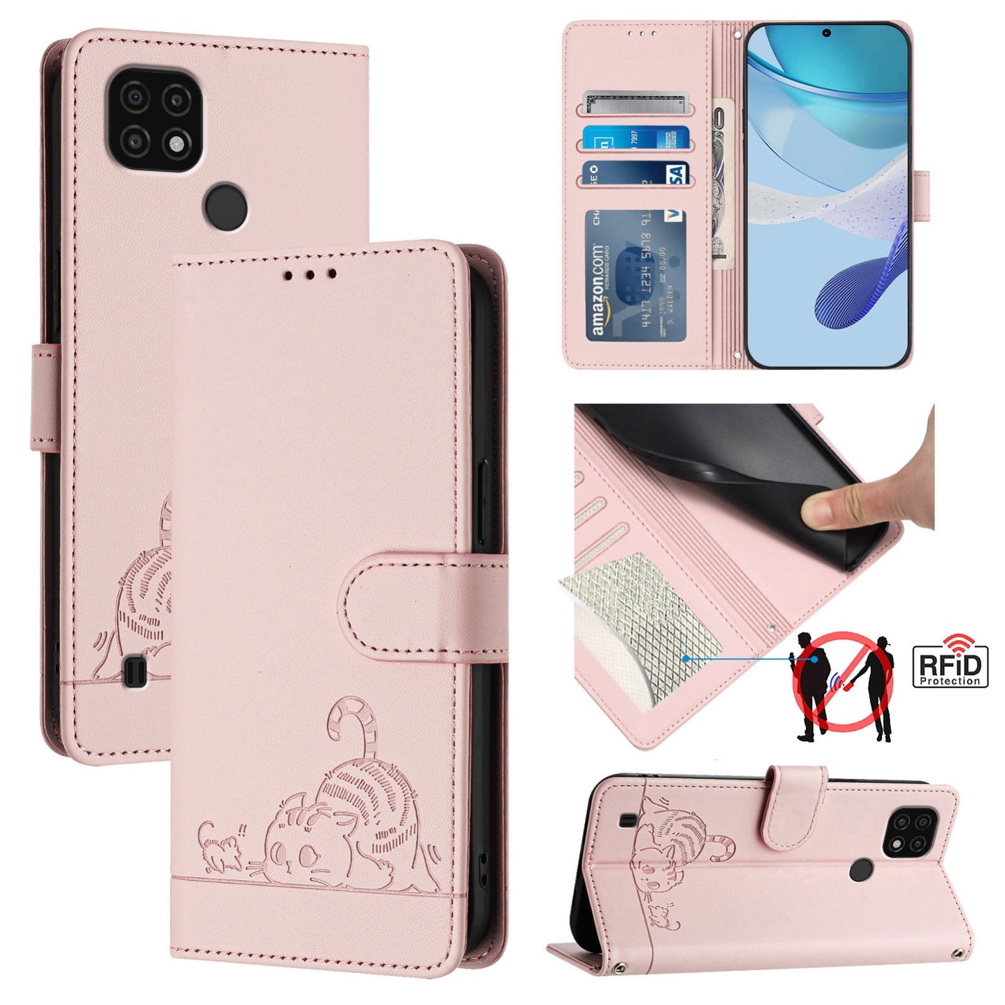 Realme C11 2021 Cat and Rat Embossed Pattern, RFID Leather Phone Case with Lanyard, Kickstand, and Wallet Features
