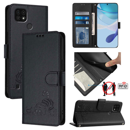 Realme C11 2021 Cat and Rat Embossed Pattern, RFID Leather Phone Case with Lanyard, Kickstand, and Wallet Features