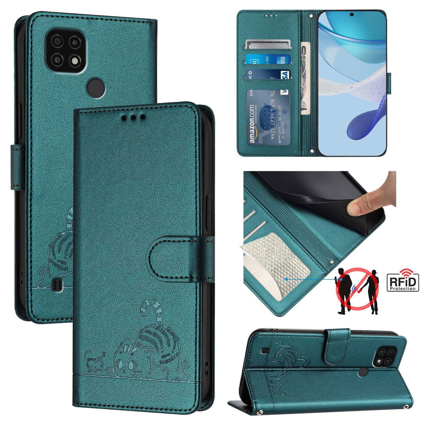 Realme C20 Cat and Rat Embossed Pattern, RFID Leather Phone Case with Lanyard, Kickstand, and Wallet Features