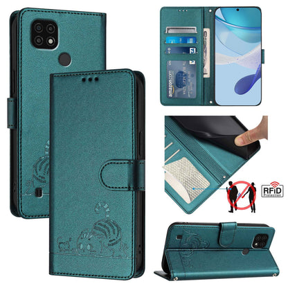 Realme C20 Cat and Rat Embossed Pattern, RFID Leather Phone Case with Lanyard, Kickstand, and Wallet Features