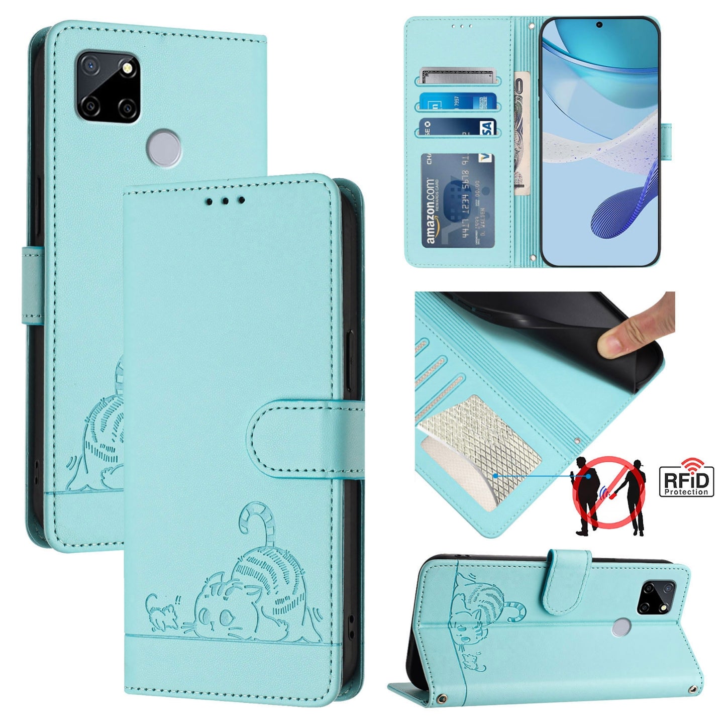 Realme C12 Cat and Rat Embossed Pattern, RFID Leather Phone Case with Lanyard, Kickstand, and Wallet Features