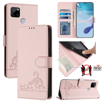 Realme C25 Cat and Rat Embossed Pattern, RFID Leather Phone Case with Lanyard, Kickstand, and Wallet Features