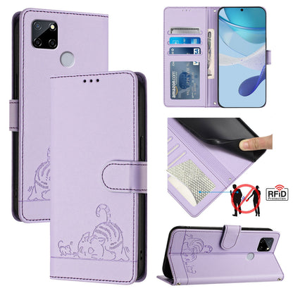 Realme C12 Cat and Rat Embossed Pattern, RFID Leather Phone Case with Lanyard, Kickstand, and Wallet Features