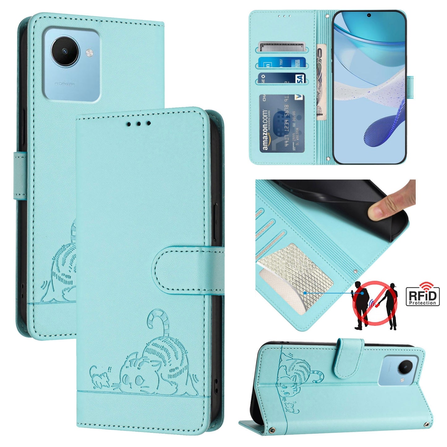 Realme C30 4G Cat and Rat Embossed Pattern, RFID Leather Phone Case with Lanyard, Kickstand, and Wallet Features