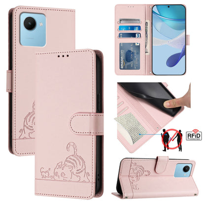 Realme Narzo 50i Prime Cat and Rat Embossed Pattern, RFID Leather Phone Case with Lanyard, Kickstand, and Wallet Features