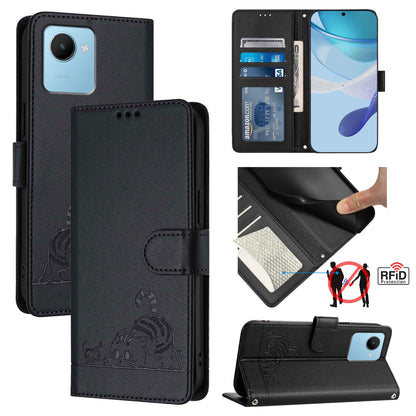 Realme C30 4G Cat and Rat Embossed Pattern, RFID Leather Phone Case with Lanyard, Kickstand, and Wallet Features