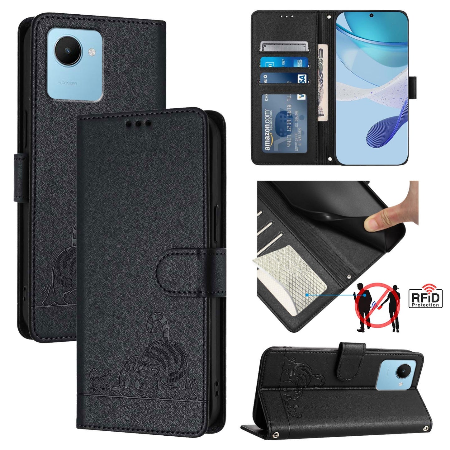 Realme Narzo 50i Prime Cat and Rat Embossed Pattern, RFID Leather Phone Case with Lanyard, Kickstand, and Wallet Features